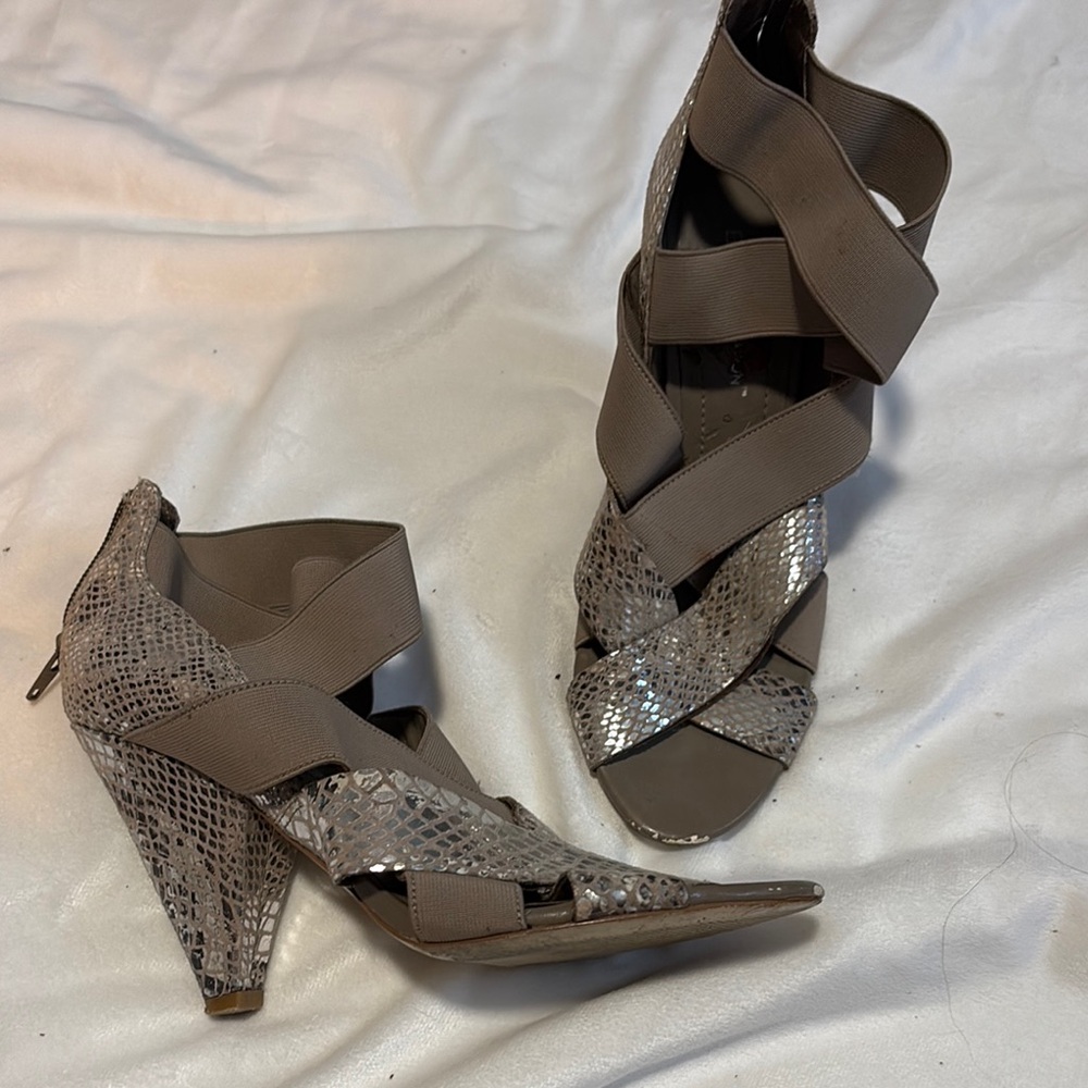 BCBGeneration Tan and Gray Heels with Asymmetrical Straps
